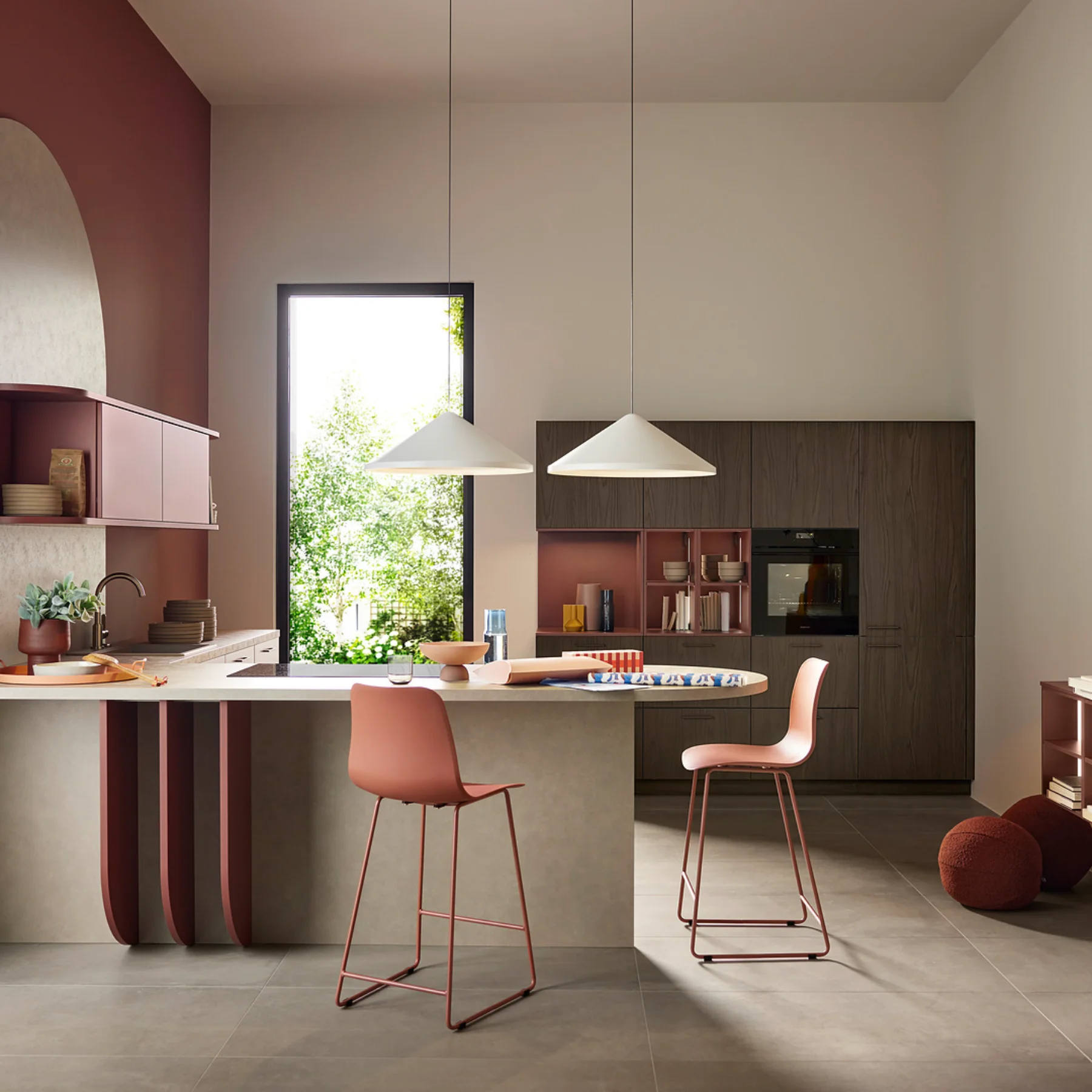 Moderne L-Küche in Rot mit Holz
